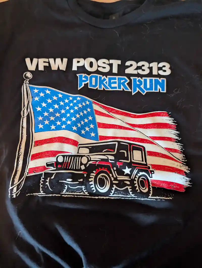 VFW Post 2313 Poker Run screen print on black shirt
